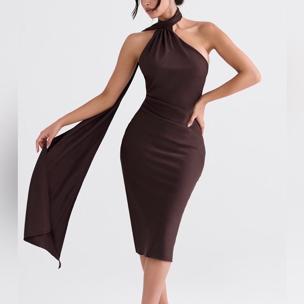 Halter Open Back Satin Midi Asymmetrical Dress